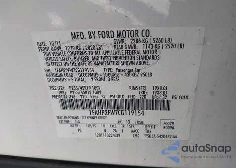 2012 Ford Taurus Limited из США, поврежденный, VIN 1FAHP2FW7CG119154